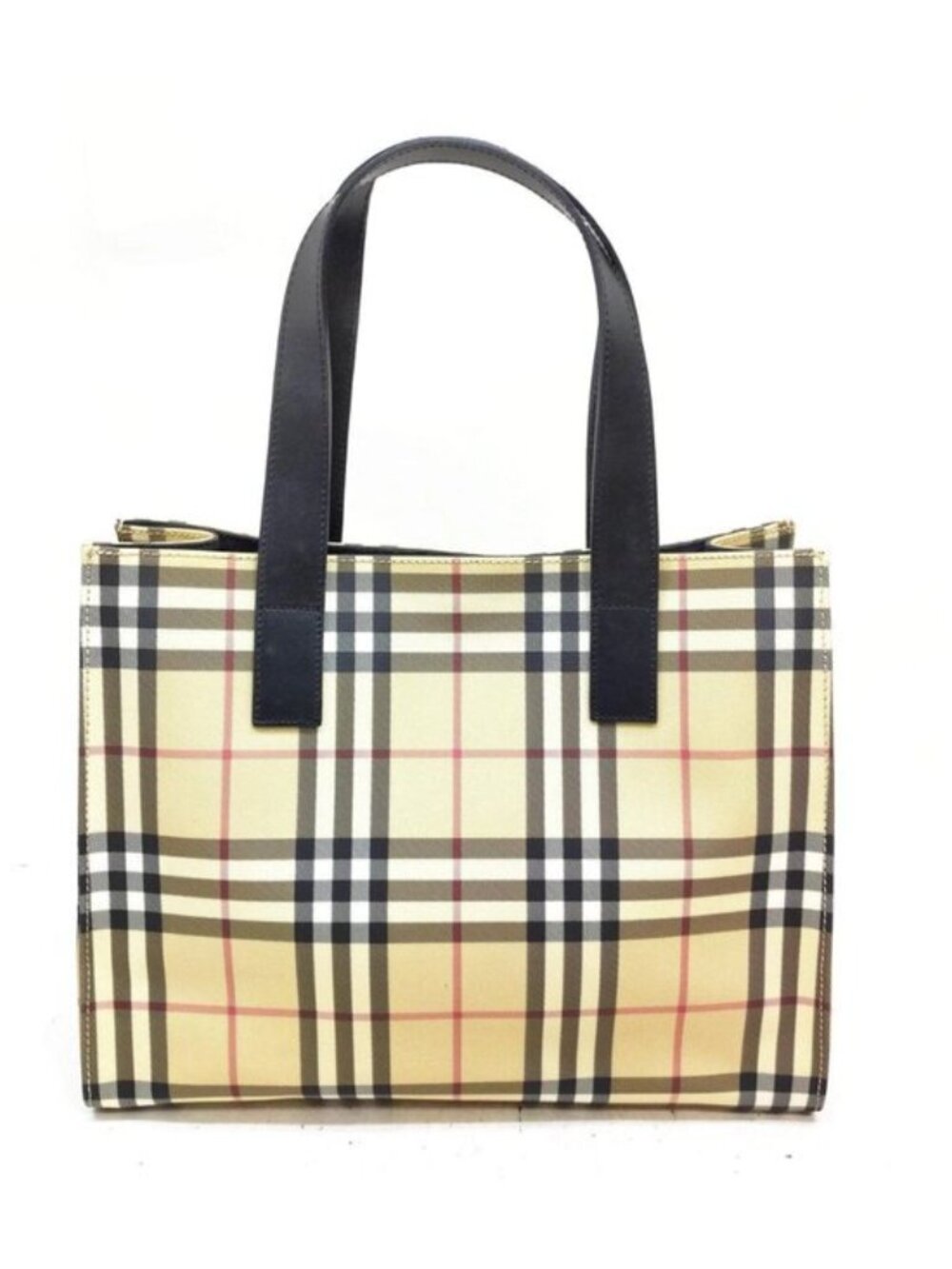 Authentic Burberry Nova Check Tote Bag Beige Black Leather Shopper Shoulder Bag